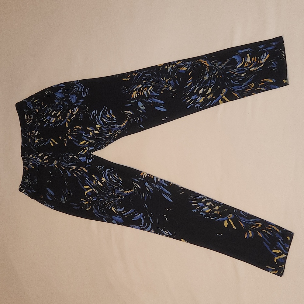 Lildy Printed Jeggings Black with Blue and Yellow Feather Print. - Picture 5 of 6
